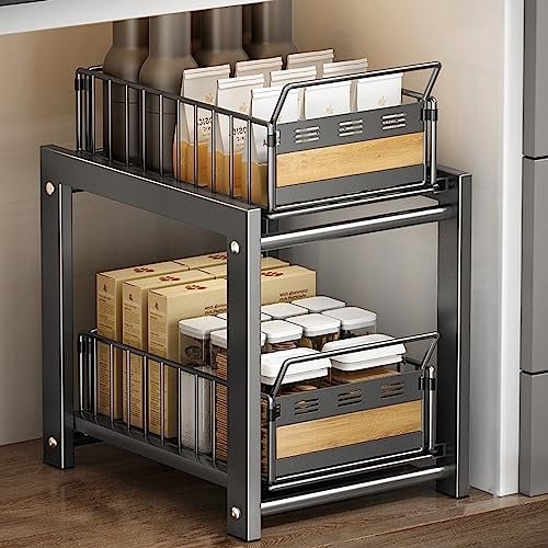 QHENS 2 Etagen Unter Waschbecken Regal, Küchenschrank Organizer aus Metall, Spülschrank Organizer mit 2 Körben Schublade, Spülenunterschrank Organizer, Grau