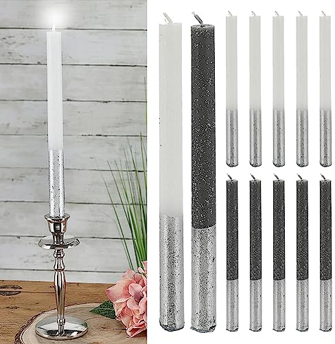 Stabkerze Metallic 12er Set | rund 2x19cm anthrazit weiß silber Paraffin | Wachskerze Echtwachs (1 x 12er Set Stabkerze Glitzer)