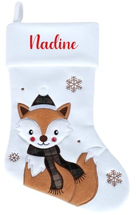 minimutz Nikolausstrumpf mit Namen Kinder - personalisierter Weihnachtsstrumpf zum Aufhängen & Befüllen - Nikolausstiefel weiß 45cm Fuchs