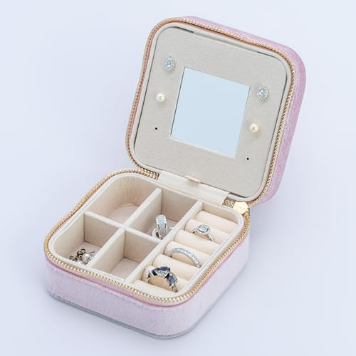 TRIXES Portagioie da viaggio in velluto, rosa cipria, piccola scatola organizer per anelli, orecchini, bracciali, collane, specchio compatto, ideale come regalo di Natale