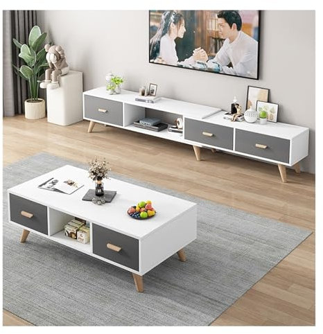 KIRANDY Combinación de Mesa de Centro y Mueble de TV de Madera Maciza, Soporte de TV Minimalista Moderno expandible (Color : White+Gray TV Cabinet+Table)