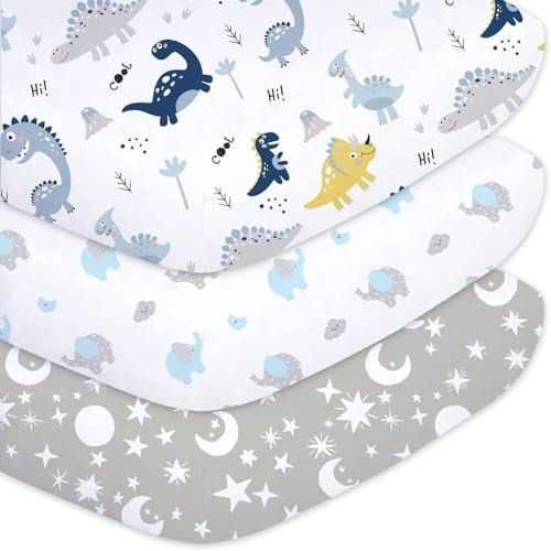 Plushii 3er-Pack Spannbettlaken Spannbetttücher 60x120 cm für Baby- und Kinderbetten – Atmungsaktive Mikrofaser-Babybettlaken, Oeko-TEX zertifizierte Kinderbett-Matratzenlaken, Dinosaurier