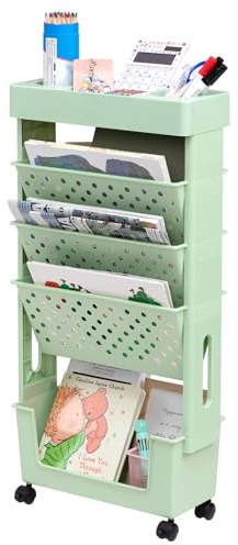 DOEWORKS Mobile Bookshelf with Wheels Small Rolling Book Storage Trolley Craft Trolley Art Trolleys 5-Tier Slim Bookcase Movable Bookshelf for Living Room Bedroom Office Library, Green