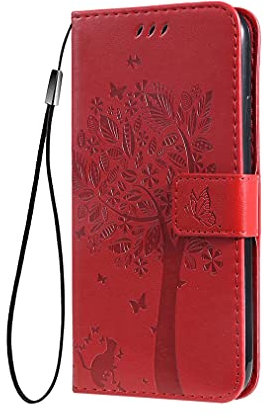 SEAHAI Coque pour Motorola Moto G24/Moto G24 Power Etui Portefeuille, Joli Rétro Feuilles et Chat Embossée Premium PU Cuir Housse Flip Cover, Étui Antichoc Case, Rouge