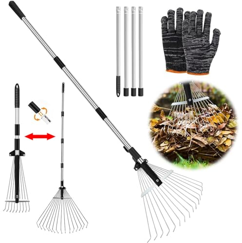 Rastrello Foglie, 215 cm, Rastrello Foglie acciaio, Rastrello giardino, Rastrello per foglie giardino, Scopa da Giardino per Foglie Rastrello con Manico, Rastrello per la Pulizia di Piante, Prati e Co