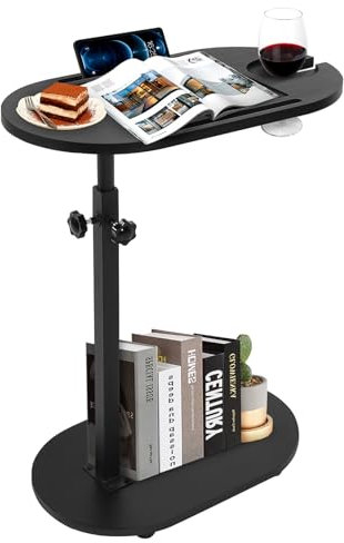 End Table C Shaped Side Table Adjustable Height Coffee Table Sofa End Table Wooden Bedside Table Easily Slides Under Furniture, 360 Degree Rotation Tabletop