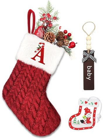 Homemari Personalisierte Weihnachtsstrümpfe mit Buchstaben 20cm Bestickter Nikolausstrumpf Rotes Grobstrick Weihnachtssocke Kamin hängende Ornamente Geschenkhalter für Weihnachtsbaum A