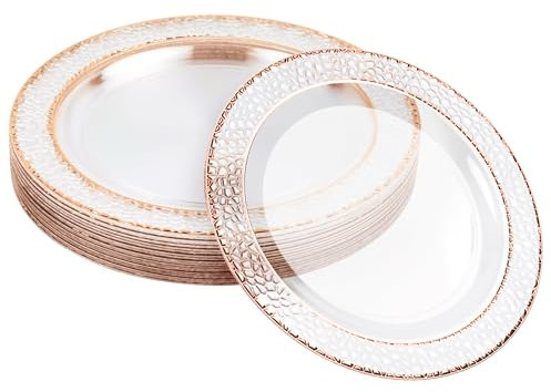 MATANA 40 Premium Transparente Plastikteller mit Roségoldenem Rand, 26cm - Mehrweg Kunststoffteller, Partyteller Gold für Hochzeiten, Geburtstage, Partys - Elegantes & Stabiles Partygeschirr