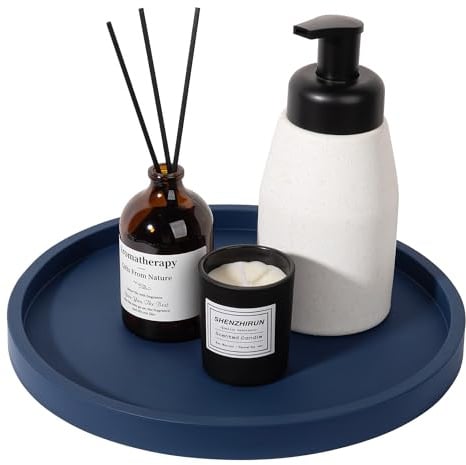 Silicone Bathroom Tray Round Vanity Tray Decorative Soap Holder Kitchen Countertop Organizer Coffee Table Decor for Candle, Perfume, Plant, 10 Inch, Dark Blue