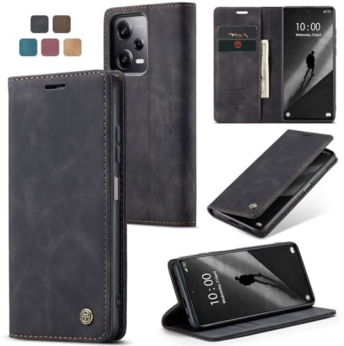 owlhold Hülle Xiaomi Redmi Note 12 Pro+ 5G/Note 12 Pro Plus Klapphülle Premium Lederhülle Weiches Vintage-Nubukleder Faltbare Ständer Schutzhülle Kartenfach Handyhülle Note 12 Pro Plus 5G -Schwarz