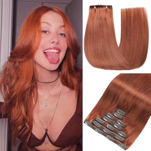 GUDOZO Remy Clip in Extensions Echthaar Kupfer 7pcs 35cm 80g Dunkelrotbraun Invisible Hair Extensions Copper Orange Braun Extensions Auburn Ginger Skin Weft Clip Haarverlängerung(14Zoll,33A#)