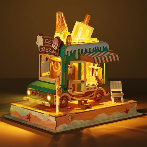 FUNPOLA 3D Holzpuzzle Eiswagen Modell - DIY Miniatur Imbisswagen Puppenhaus Fahrzeug Bastelset mit LED Leuchten - perfektes kreatives Geschenk für Kinder und Erwachsene (Eisauto)