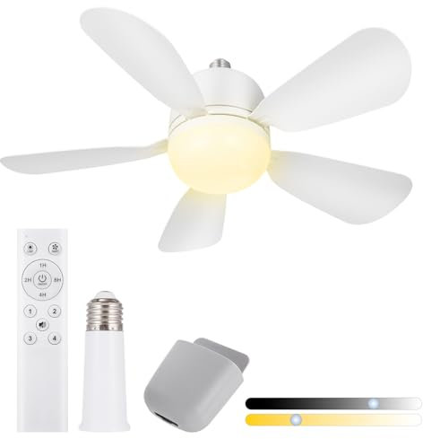 Gliztech 50CM Ventilador de Techo con Luz y Adaptador Extensor E27 Luces y Control Remoto, Ventilador de Techo con Luz LED para Baño, Cocina, Dormitorio y Garaje, 1Pack