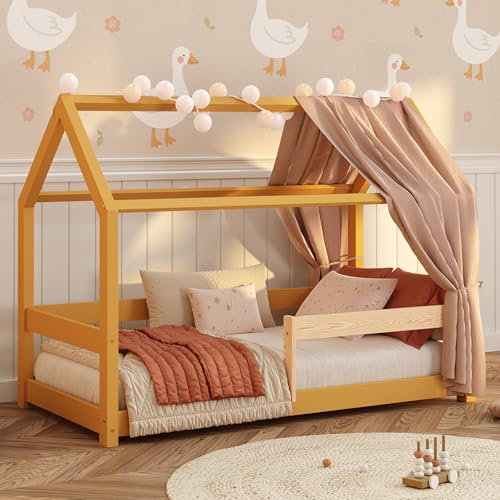 smartwood Hausbett 90x200 cm aus Massivholz - Kinderbett in Gelb mit Rausfallschutz & Lattenrost bis 230 kg - Skandinavisches Design - für Jungen & Mädchen - Einfache Montage