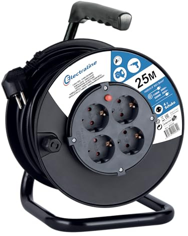 Electraline 49032 Kabeltrommel H05VV-F 3G1,5 25 m Kabel-IP20 Indoor/Kabelrolle mit 4 Schuko-Steckdosen/Kabelbox mit Verlängerungskabel/Leitungsroller mit Kurbel, Schwarz