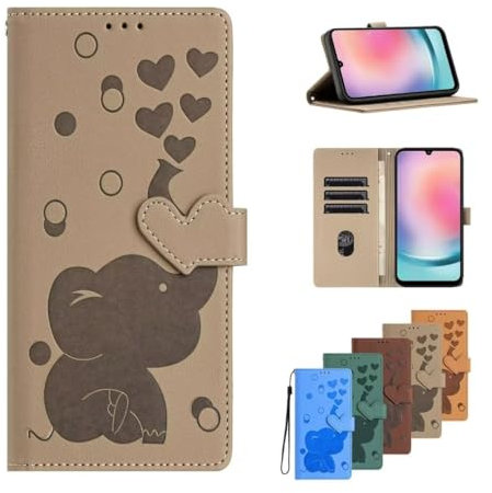 für Samsung Galaxy A53 5G Handyhülle für Samsung Galaxy A53 5G Hülle Case Cover Leder Tasche Elefant Flipcase Schutzhülle Handytasche Skin Ständer Klapphülle Schale Bumper Mädchen Khaki