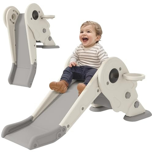 AIYAPLAY Kids Slide with Basketball Hoop, 3-in-1 Toddler Slide with Climber for Indoor, Foldable Freestanding Slide for Toddlers, Ages 2-5 Years, Cream White