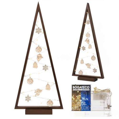 BOGATECO Albero di Natale in legno con illuminazione LED 104 cm di altezza | Decorazione in legno inclusa | Decorazioni natalizie | 30 LED |