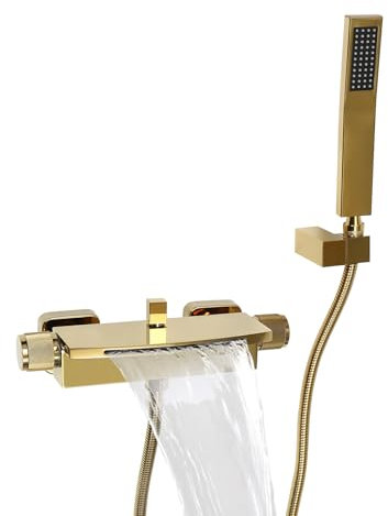 Wandmontierte Badewannenarmatur Wasserfall Badewanne Wasserhahn Alle Kupfer Wand Wasserfall Dusche Heiße Und Kalte Badewanne Wasserhahn gold B Wasserfall Auslauf + Handbedienung
