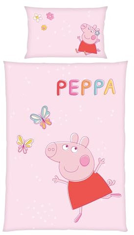 Peppa Wutz Kinder-Bettwäsche-Set | 100x135 cm Deckenbezug + 40x60 cm Kissenbezug | Atmungsaktive Baumwolle | Mit Reißverschluss | Peppa Pig Schmetterling in Rosa | Geschenkidee Mädchen
