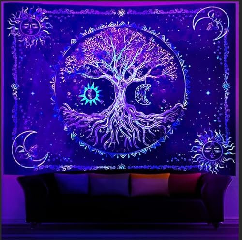 Cyiecw Tapisserie murale esthétique à lumière noire, motif de soleil, lune et arbre de vie, fluorescent, décoration murale pour le salon (200 x 150 cm) (soleil et lune)