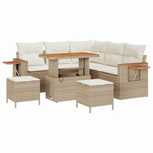 vidaXL 8-teiliges Garten-Sofa-Set mit Kissen in Beige aus Poly-Rattan und Akazie. Bequeme Sitzgelegenheit für 5 Personen, modernes Patio-Lounge-Design.