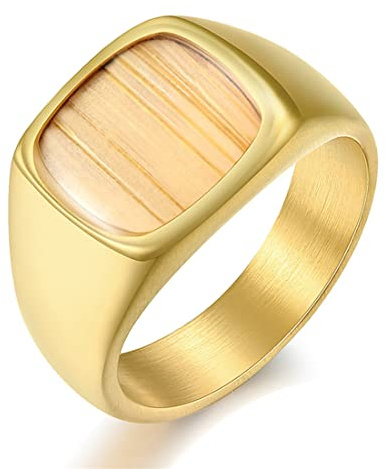 ASCHXUGX Quadratischer Holzstempelring, Modische Ringe Aus Edelstahl Für Damen Und Herren,Gold,7