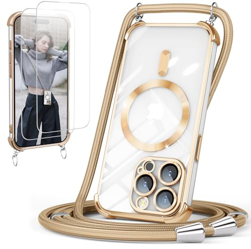 GOODVISH Handykette für iPhone 14 Pro Max Hülle mit Band Magnetisch, Gold | mit 2 Stück Schutzfolie, mit Kamera Schutz, Necklace Handyhülle mit kette für 14 ProMax 6,7, Transparent 360° Schutz Case