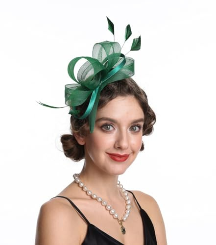 Haojing Feather Fascinator for Women Wedding Derby Party Vintage Bridal Headpiece (UK, Alpha, M, B4-Dark Green)