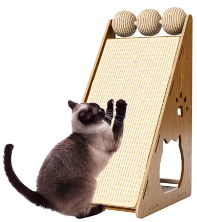 Griffoir en carton pour chat de 60 cm de haut, avec balle de jeu. Cet arbre à chat en corde de jute et carton ondulé est facile à assembler.