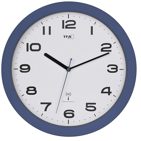TFA Dostmann Funk-Wanduhr mit Sweep Uhrwerk, 60.3554, Moderne Funkuhr, Schlafzimmeruhr, Wohnzimmeruhr, Funkwanduhr, klassisch, 32cm, Blauer Rahmen