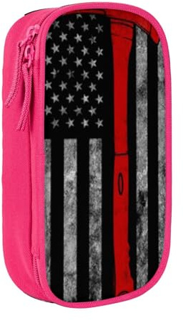 JKLQWC Trousse à crayons avec motif hache de pompier avec drapeau rouge - Grande trousse de rangement portable pour bureau, école, adolescent, fille, garçon, adulte, noir, rose, One Size, Cartable