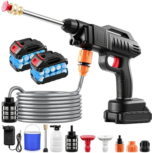 Keleef Hidrolimpiadora Batería 3000W con Cubo, Pistola Agua Presión Portátil 21V 2.0Ah con 2 Baterías, Limpiador Alta Presión Inalámbrico para Coche Moto Terraza, 60 Bar, 5M Manguera, 2 Boquillas