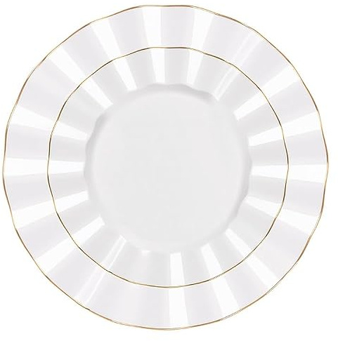 Assiettes Réutilisables Blanches, 12 Pièces, 25,5 cm et 17,8 cm, | Assiettes Blanches Plastiques Bordure Dorée, Combo Prestige, Légérement Creuses, Décoration Anniversaire, Mariage, Baptême