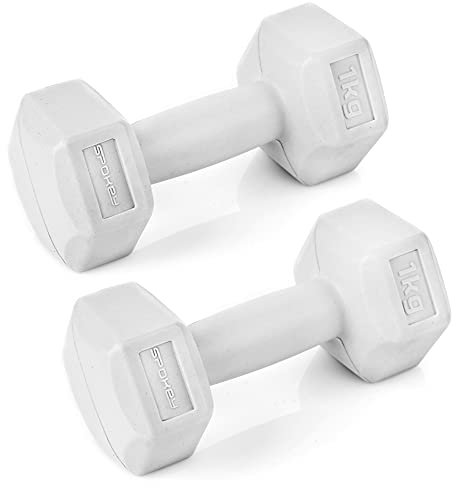 Spokey MONSTER II Set mit zwei PVC-beschichteten Zementhanteln Gym Training Hanteln mit sechseckiger Form, Gewichtsvarianten ab 1, hellgrau