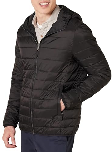 Amazon Essentials Chaqueta Acolchada con Capucha, Plegable, Ligera y Resistente a la Lluvia Hombre, Negro, L