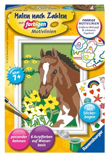 Ravensburger CreArt 28463 - Fohlen - Malen nach Zahlen Pferd für Kinder ab 7 Jahre, Malset mit Rahmen, Pinsel und Acrylfarben, Geschenk für Mädchen und Jungen, mit Stickern