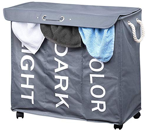 Bakaji Schmutziger Wäschekorb mit 3 Fächern, 3 Fächern, aus Oxford-Stoff, faltbar, mit Rollen und Griffen, Größe 63 x 35 x 57 cm (Grau)