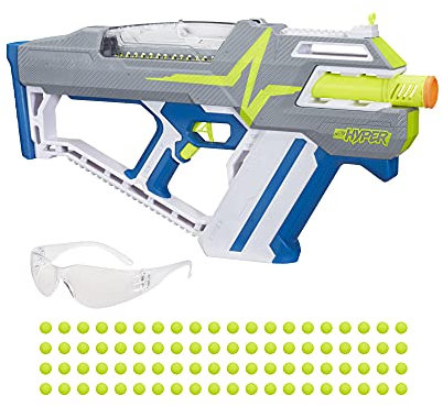 NERF Hyper Mach-100 Fully Motorized Blaster, 80 Hyper Rounds, Eyewear, Up to 110 FPS Velocity, Easy Reload, Holds Up to 100 Rounds