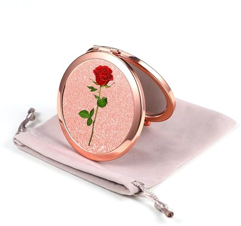 Miroir compact Dynippy rond or rose grossissant 2 x 1 miroir de maquillage pour sacs à main et voyage pliable Mini miroir de poche portable main pour fille femme mère – Rose rouge