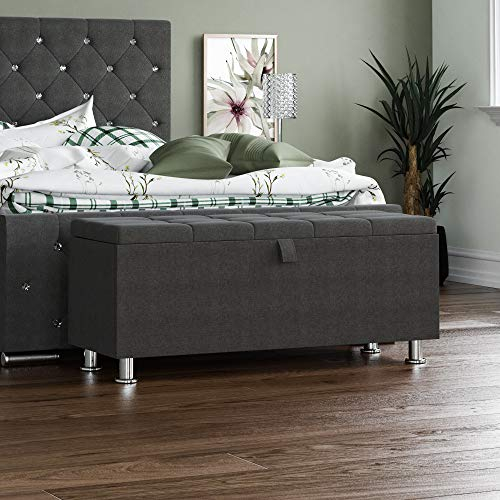 Vida Designs Valencia Storage Ottoman, Fabric in Dark Grey Linen, 100x40x44cm - Storage Ottoman with Lift-Up Lid, Ideal for Toys, Bedding & Footstool Use | UKFR Certified