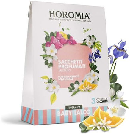 HOROMIA Sacchetti Profumati per Armadio Vestiti e Cassetti - Profumo Intenso e Duraturo fino a 12 Settimane - 3 Sacchetti Baby Talco