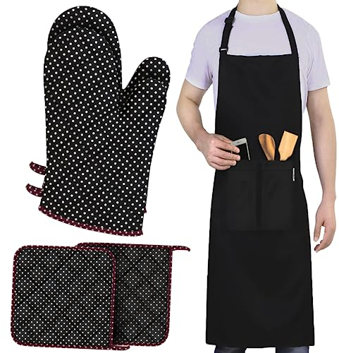 LEFUNDA® Ofenhandschuhe Topflappen 4er Set, Hitzebeständige Topfhandschuhe Baumwolle, Grillhandschuhe, Ofen Handschuhe (Schwarz (2 Ofenhandschuhe + 2 Topflappen + 1 Schürze), 5er Set - Große)
