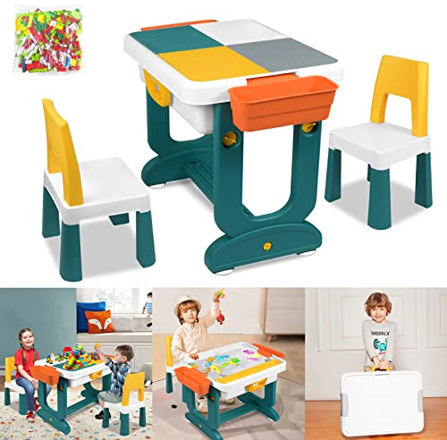 UISEBRT Kindertisch mit 2 Stühle Spieltisch mit 300 Stück Bausteine Multifunktionaler Aktivitätstisch Set für Kinder Baustein Tisch Stuhl Set Basteltisch für Kinderzimmer und Kindergarten