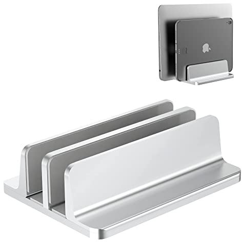 BULL-TECH New Vertical Laptop Stand, Adjustable 2 Slot Aluminum Desktop Holde(Up to 17.3 inch), Fits All MacBook/Microsoft Surface/HP/Dell/ChromeBook/iPad and Gaming Laptops (Silver)