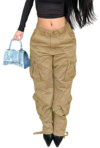 Jeans cargo larghi a vita alta per donna tasca con patta vestibilità rilassata dritta gamba larga Y2K jeans moda, F1 kaki, XL