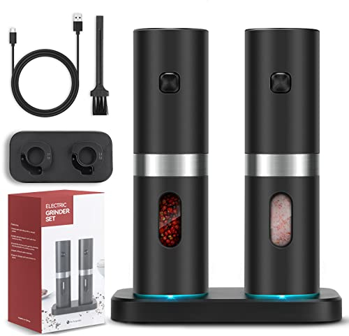 BONNIGHT Electric Salt and Pepper Grinder Set, Automatic Salt & Pepper Mill Refillable with Rechargeable Base, USB Cables, 2 Adjustable Coarseness Mills, One Hand Operation, LED Light