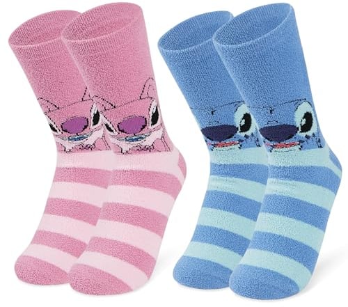 Disney Damen Socken, 2er Set Kuschelsocken Damen Flauschig mit ABS Mickey Minnie Baby Yoda Stitch (Mehrfarbig Stitch/Angel)