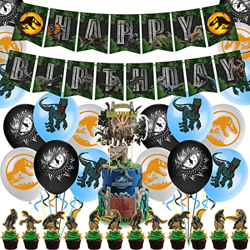 MEZHEN Geburtstag Deko Jurassic Dinosaur Luftballon Dino Tortendeko Kindergeburtstag Ballon Girlande Happy Birthday Banner Dinosaurier Geburtstagsdeko 32 Stück