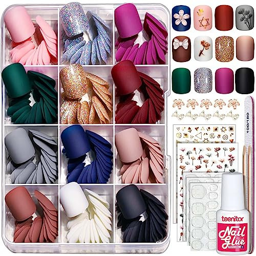 Short False Nails with Glue, 288pcs Teenitor Glitter & Matte Press-on Nails Set, Square Stick on Nails with Nail Adhesive Tabs